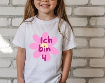Geburtstag T-Shirt für Kinder Mädchen, Shirt mit Zahl, Blumen Look, Geschenk für Geburtstagskind, Geburtstagsshirt 1 2 3 4 5 6 7 8 9 10
