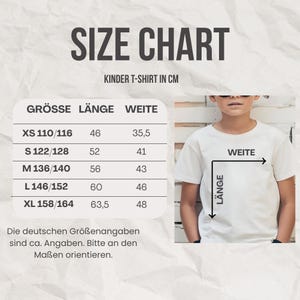 May include: A size chart for children's t-shirts featuring a table with columns for size, length, and width in centimeters. The chart lists sizes XS through XL with corresponding measurements. A diagram shows a t-shirt with arrows indicating length and width.