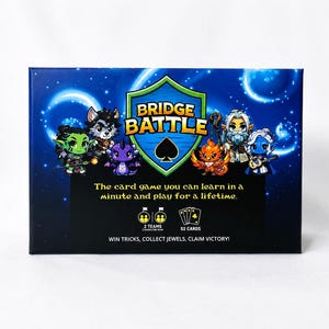 May include: A rectangular Bridge Battle card game box with a dark blue background featuring swirling light patterns. The center displays a shield logo with the text Bridge Battle and a black spade. Six cartoon characters surround the shield. Text reads: The card game you can learn in a minute and play for a lifetime. 2 teams, 52 cards, win tricks, collect jewels, claim victory!