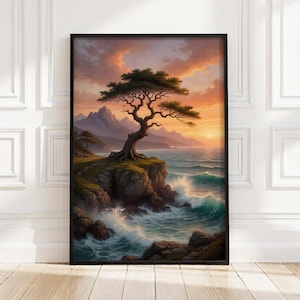 Könnte beinhalten: Gerahmter Kunstdruck mit einem Baum auf einer Klippe mit Blick auf das Meer. Das Kunstwerk zeigt einen Sonnenuntergang mit orange- und lilafarbenen Farbtönen, Berge und Wellen. Der schwarze Rahmen verleiht einen modernen Touch. Geeignet für die Inneneinrichtung.