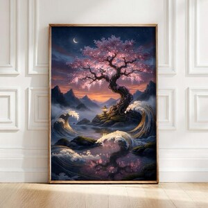 Könnte beinhalten: Ein gerahmter Druck einer ruhigen Landschaft mit einem Kirschblütenbaum mit rosa Blüten, einem Halbmond und einer kleinen Struktur auf einer felsigen Insel. Das Kunstwerk zeigt Meereswellen und einen Sonnenuntergang in Orange- und Lilatönen.