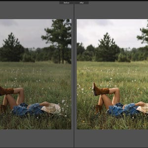 May include: A pair of brown leather cowboy boots, a blue denim jacket, and a light-colored cowboy hat. The items are worn by a person lying in a grassy field with small white flowers, shown in a side-by-side before and after photo edit.