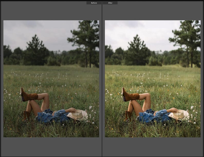 May include: A pair of brown leather cowboy boots, a blue denim jacket, and a light-colored cowboy hat. The items are worn by a person lying in a grassy field with small white flowers, shown in a side-by-side before and after photo edit.