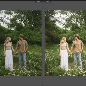 May include: A split-screen comparison showing a pair standing in a field of white flowers. One individual wears a beige short-sleeved top and a long white skirt, while the other wears a beige t-shirt and blue jeans. The scene is set outdoors.