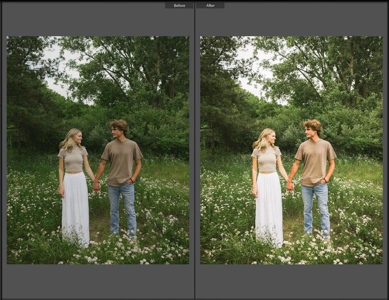 May include: A split-screen comparison showing a pair standing in a field of white flowers. One individual wears a beige short-sleeved top and a long white skirt, while the other wears a beige t-shirt and blue jeans. The scene is set outdoors.