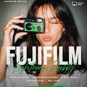 May include: A Fujifilm disposable camera with a black body and a green front panel featuring the Fujifilm logo. The image includes text overlays: FUJIFILM LIGHTROOM PRESETS, MOBILE READY, DESKTOP READY, RETRO DIGICAM, DISPOSABLE CAMERA, DIRECT FLASH, VINTAGE FILM, 90s LOOK, 90s VIBES. REAL FILM FEEL. TIMELESS MEMORIES.