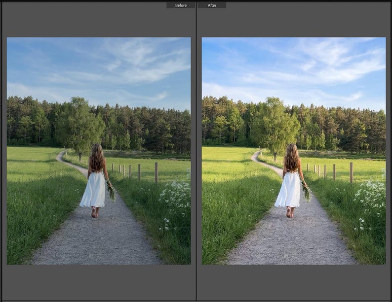 May include: A long white skirt worn by a person with long brown hair walking away on a gravel path through a green meadow. The scene features a line of wooden fence posts, lush green grass, and a dense forest under a clear blue sky.