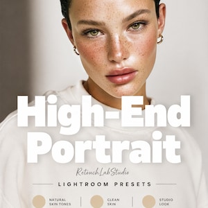 May include: A portrait of a person with freckles wearing a white sweatshirt, featuring the text High-End Portrait, Retouch Lab Studio, LIGHTROOM PRESETS, NATURAL SKIN TONES, CLEAN SKIN, STUDIO LOOK, MOBILE, and DESKTOP with icons.