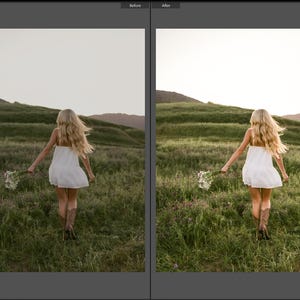 May include: A split-screen comparison showing a before and after edit of a person with long blonde hair wearing a white sleeveless mini dress and brown cowboy boots, walking through a grassy field while holding a small bouquet of white flowers.