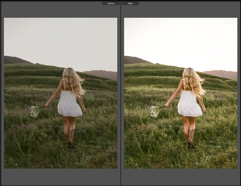 May include: A split-screen comparison showing a before and after edit of a person with long blonde hair wearing a white sleeveless mini dress and brown cowboy boots, walking through a grassy field while holding a small bouquet of white flowers.