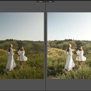May include: Two white dresses with puff sleeves and square necklines. One dress is floor-length with a flared skirt, while the other is knee-length with a flared skirt. Both garments are worn in a grassy field with rolling hills in the background.