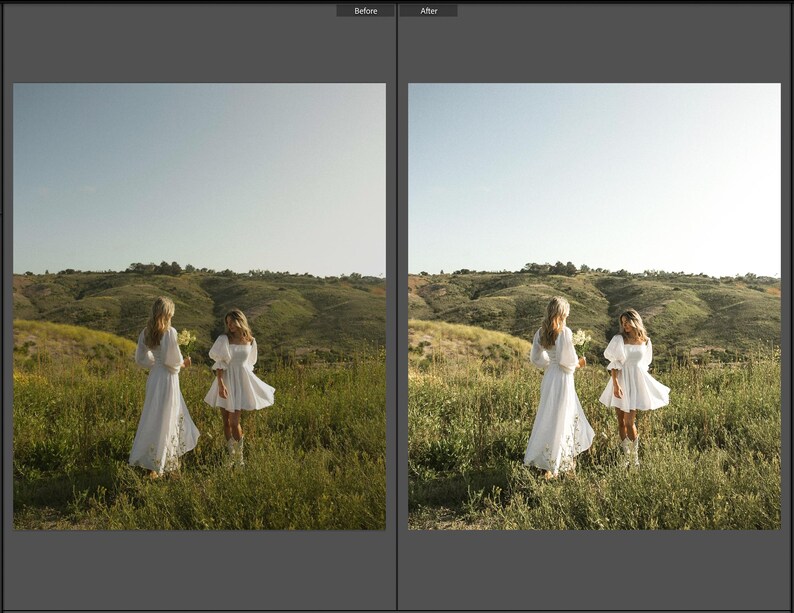 May include: Two white dresses with puff sleeves and square necklines. One dress is floor-length with a flared skirt, while the other is knee-length with a flared skirt. Both garments are worn in a grassy field with rolling hills in the background.