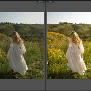 May include: A long white dress with long sleeves and a smocked bodice, worn in a field of yellow wildflowers. The dress features a full, flowing skirt that reaches the ankles, with a square neckline and gathered fabric at the shoulders.
