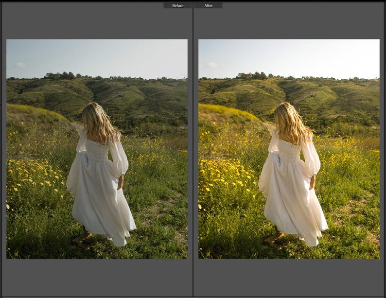May include: A long white dress with long sleeves and a smocked bodice, worn in a field of yellow wildflowers. The dress features a full, flowing skirt that reaches the ankles, with a square neckline and gathered fabric at the shoulders.