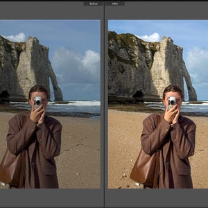 May include: A brown blazer and a brown leather shoulder bag. The blazer features a buttoned front and long sleeves. The bag has a structured design with a shoulder strap. The image shows a before and after comparison of the same scene.
