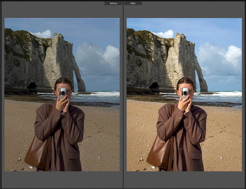 May include: A brown blazer and a brown leather shoulder bag. The blazer features a buttoned front and long sleeves. The bag has a structured design with a shoulder strap. The image shows a before and after comparison of the same scene.