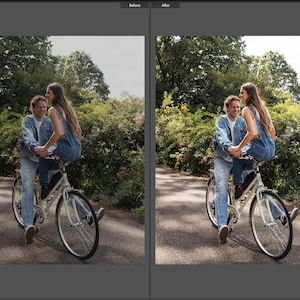May include: A white bicycle with a black seat and handlebars, featuring a person in a denim jacket and light blue jeans sitting on the frame, and another person in denim overalls sitting on the back rack, both smiling outdoors.
