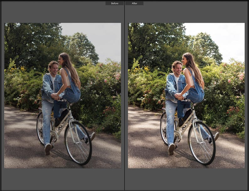 May include: A white bicycle with a black seat and handlebars, featuring a person in a denim jacket and light blue jeans sitting on the frame, and another person in denim overalls sitting on the back rack, both smiling outdoors.
