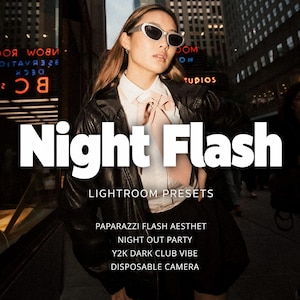 May include: A person wearing a black leather jacket over a white collared shirt with a pink necktie and sunglasses. The image features the text Night Flash LIGHTROOM PRESETS PAPARAZZI FLASH AESTHET NIGHT OUT PARTY Y2K DARK CLUB VIBE DISPOSABLE CAMERA RetouchLabStudio.