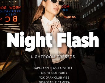 Op de afbeelding: Een persoon draagt een zwart leren jasje over een wit overhemd met kraag, een roze stropdas en een zonnebril. De afbeelding bevat de tekst Night Flash LIGHTROOM PRESETS PAPARAZZI FLASH AESTHET NIGHT OUT PARTY Y2K DARK CLUB VIBE DISPOSABLE CAMERA RetouchLabStudio.