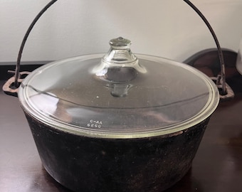 Vintage Wagner Ware Cast Iron Dutch Oven with Handle & Pyrex Glass Lid