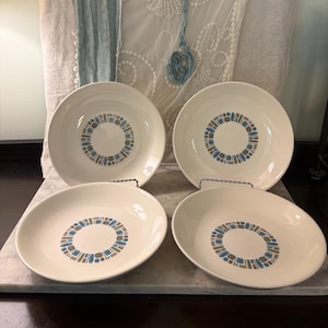 Vintage Canonsburg Pottery Temporama Soup Bowls Set of 4 MCM Atomic Teal Blue 8"