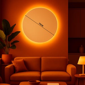 May include: A modern, illuminated wall light with a circular design, 75cm in diameter, emitting a warm glow. The light is mounted on an orange wall, above an orange sofa, creating a cozy ambiance. A potted plant and a table lamp are also visible.