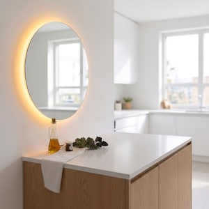 May include: An oval wall mirror with integrated warm LED backlighting mounted on a white wall. The mirror reflects a bright kitchen interior. Below the mirror, a glass oil cruet, a small jar, and a dried rose rest on a white countertop.