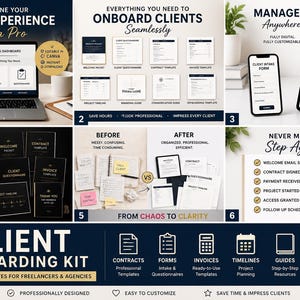 Peut inclure: Kit numérique d'intégration client avec des modèles modifiables pour les freelances et les agences. Le kit comprend des contrats, des formulaires, des factures, des calendriers et des guides. Design moderne, bleu marine et or.