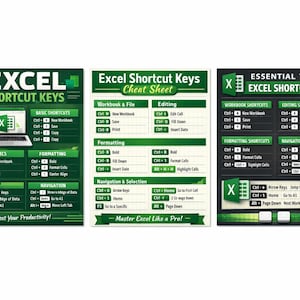 May include: Three Excel shortcut keys cheat sheets. Each sheet has a green border and white text. The sheets list shortcuts for workbook, editing, formatting, and navigation functions. The text "Master Excel Like a Pro!" is at the bottom.