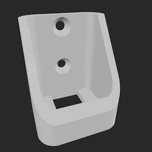 May include: A light grey, 3D-printed wall mount with a rectangular opening at the bottom and two circular holes near the top. The mount has a curved, open design.