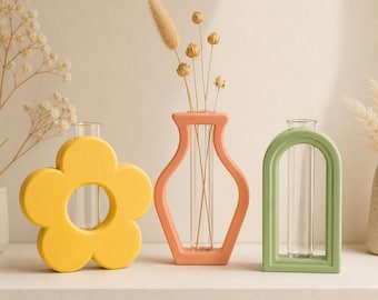 Funky Test Tube Vase Set, 3D Printed Flower Holder, Retro Shelf Decor