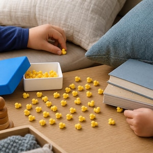 May include: A collection of miniature yellow rubber ducks scattered on a wooden surface, with some contained in a small white box with a blue lid. A wooden stacking toy and two stacked books are also present near the scattered yellow figures.