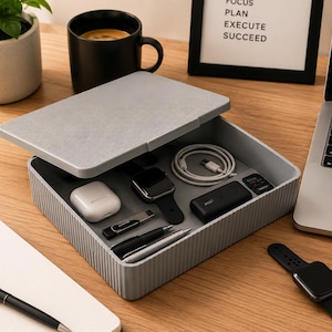 May include: A rectangular gray desk organizer tray with a textured lid, containing a white wireless earbud case, a black smartwatch, a white charging cable, a black power bank, a black USB flash drive, and two pens arranged in molded slots.