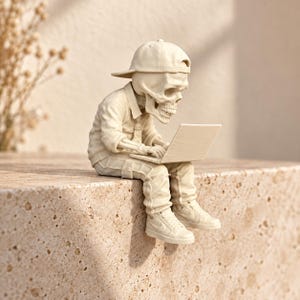 Peut inclure: Une figurine monochrome blanc cassé représentant un squelette portant une casquette de baseball, une chemise à col et des baskets, assis en train de taper sur un ordinateur portable. La figurine présente une finition mate et des détails texturés.