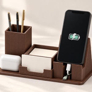 May include: A brown desk organizer with a ribbed texture featuring a tall pen holder, a square compartment for sticky notes, and a dedicated slot for a smartphone. A black smartphone is charging, displaying a green battery icon.
