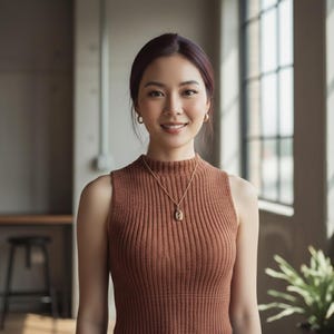 May include: A woman wearing a brown sleeveless ribbed top, gold hoop earrings, and a gold pendant necklace. The woman is smiling, with a window and plant in the background. The top has a high neckline.