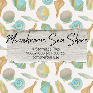 Puede incluir: Patrón de acuarela con conchas marinas en tonos azules, amarillos y naranjas sobre fondo blanco. El diseño incluye caracolas y conchas en espiral. Se incluye el texto "Monochrome Sea Shore".