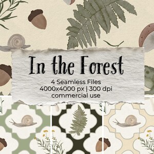Digitalt papper för Forest Cottagecore, sömlösa mönster med padda och snigel i skogen, Kindle-bakgrunder