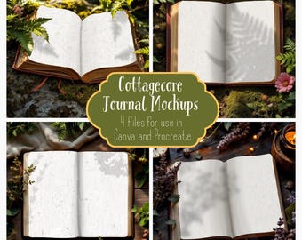 Könnte beinhalten: Cottagecore-Journal-Mockups mit offenen Büchern und leeren Seiten. Das Bild zeigt vier verschiedene Szenen mit Naturelementen wie Farnen, Moos und Blumen. Der Text auf dem Bild lautet "Cottagecore Journal Mockups, 4 files for use in Canva and Procreate."