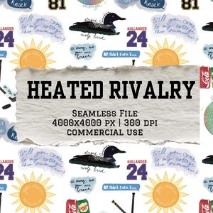 May include: A seamless pattern design with illustrations of hockey sticks, banana socks, a disco ball, and text that reads "Heated Rivalry". The design also includes text such as "I might knock" and "Will you come to my cottage this summer?"