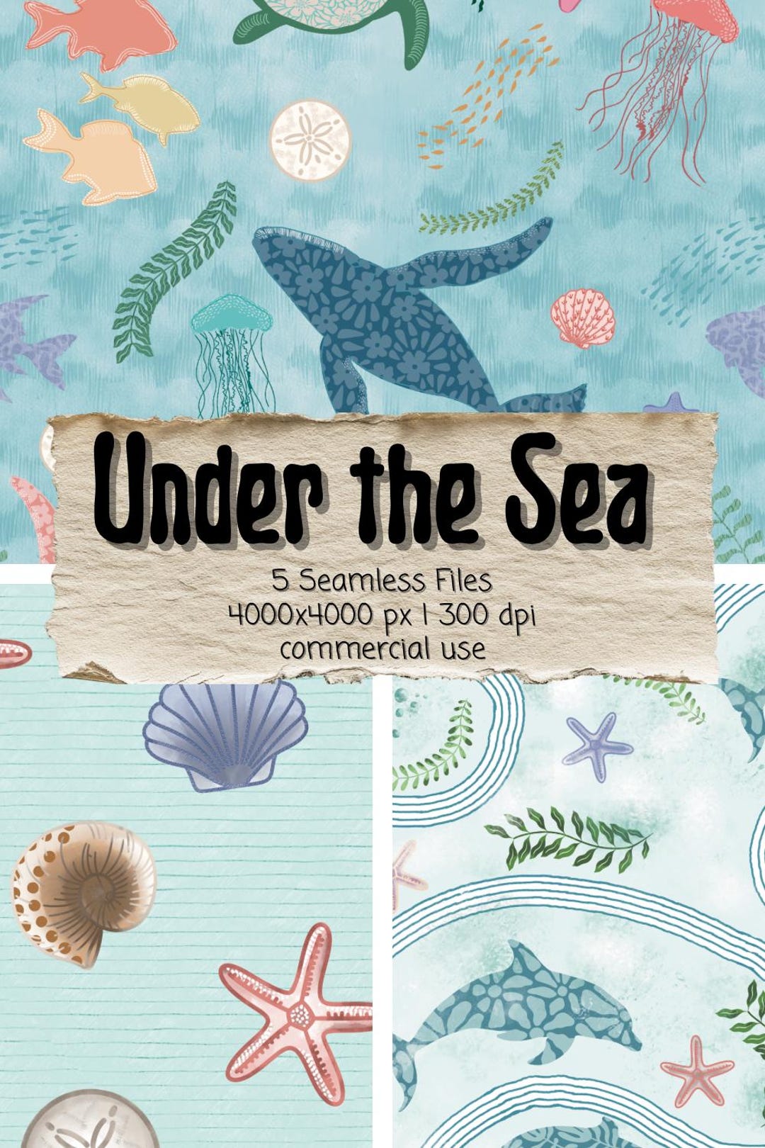 Ocean Coastal Seamless Digital Paper Bundle, Hand Drawn Whale Dolphin ...