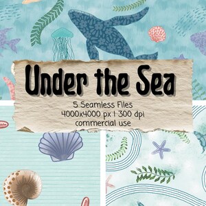 以下が含まれることがあります： 「Under the Sea」をテーマにしたデジタルシームレスパターン。クジラ、魚、クラゲ、貝殻のイラストが、青、コーラル、緑の色合いで描かれています。「Under the Sea」の文字がテクスチャード加工された背景に表示されています。