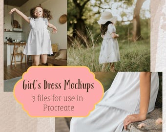 Könnte beinhalten: Eine Collage mit drei Bildern von Mädchenkleidern. Ein Bild zeigt ein Mädchen, das in einem weißen Kleid springt. Ein anderes zeigt ein Mädchen in einem weißen Kleid und Hut auf einem Feld. Das dritte zeigt eine Nahaufnahme eines weißen Kleides. Text: "Girl's Dress Mockups".