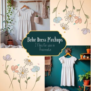 May include: A collage featuring two white dresses on hangers, with floral illustrations and the text "Boho Dress Mockups." The dresses have short sleeves and a gathered waist. The background includes plants and macrame decor.