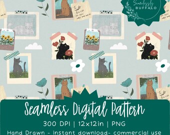 Cat Scrapbook Digital Paper, Cute Kitten Polaroid Seamless Pattern, Cottagecore Aesthetic Background PNG