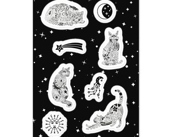 Pacchetto adesivi gatto celeste / Confezione da 4 adesivi felini / Arte gattino lunare / Pacchetto gatto zodiacale stregonesco