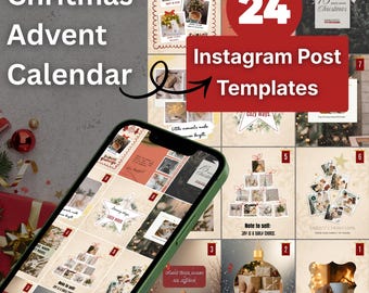 May include: A Christmas Advent Calendar Instagram post template with 24 designs. The templates feature festive imagery, including Christmas trees, ornaments, and text like "Hello December" and "Merry Christmas". The design is displayed on a smartphone.