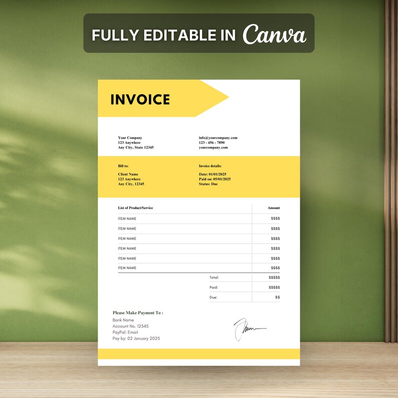 Service Invoice Template, Editable Canva Invoice, Printable Client ...