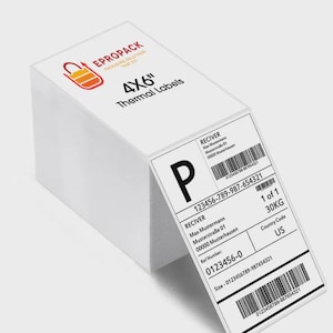 May include: A stack of white 4x6 inch thermal labels with printed information. The labels feature the text "4x6" Thermal Labels" and the EPROPACK logo. The labels include a barcode and the text "123456-789-987-654321".